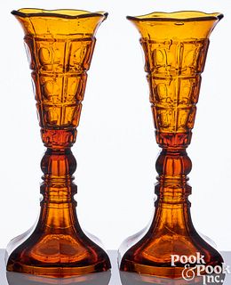 Pair of reproduction amber glass trumpet vases