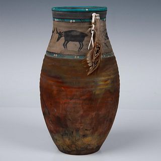 Native American Raku Fired Black Antelope Vase