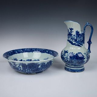 2pc Victoria Ware Ironstone Blue and White Pitcher and Bowl