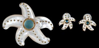 MAZ Mother of Pearl, Aquamarine Brooch and Earring Set