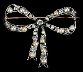 14kt. Pearl and Diamond Bow Brooch 