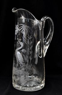 ANTIQUE  ETCHED GLASS PITCHER