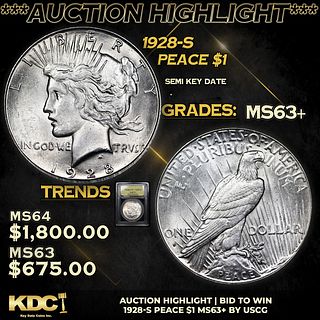 ***Auction Highlight*** 1928-s Peace Dollar 1 Graded Select+ Unc By USCG (fc)