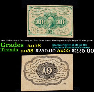 1862 US Fractional Currency 10c First Issue fr-1242 Washington Stright Edges W/ Monogram Grades Choice AU/BU Slider