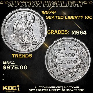 ***Auction Highlight*** 1857-p Seated Liberty Dime 10c Graded ms64 By SEGS (fc)