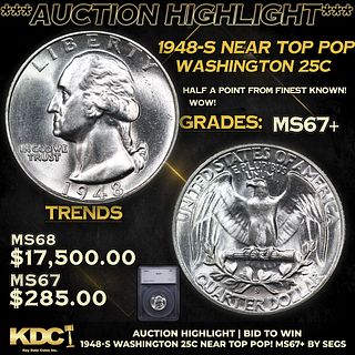 ***Auction Highlight*** 1948-s Washington Quarter Near TOP POP! 25c Graded ms67+ BY SEGS (fc)