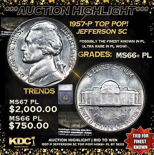 ***Auction Highlight*** 1957-p Jefferson Nickel TOP POP! 5c Graded ms66+ pl BY SEGS (fc)