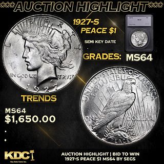 ***Auction Highlight*** 1927-s Peace Dollar 1 Graded ms64 By SEGS (fc)