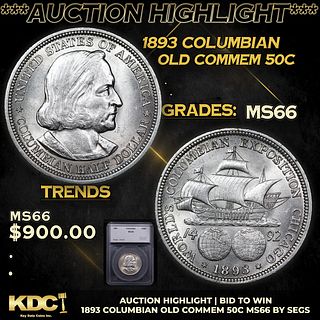 ***Auction Highlight*** 1893 Columbian Old Commem Half Dollar 50c Graded ms66 By SEGS (fc)