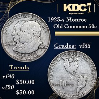 1923-s Monroe Old Commem Half Dollar 50c Grades vf++