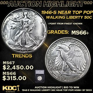***Auction Highlight*** 1946-s Walking Liberty Half Dollar Near Top Pop! 50c Graded ms66+ By SEGS (fc)