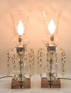 CUT & ETCHED GLASS MANTEL LAMPS WITH CRYSTAL PRISMS