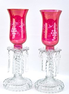 VICTORIAN CRANBERRY GLASS CANDLE HOLDERS WITH CRYSTAL PRISMS