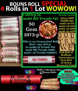 THIS AUCTION ONLY! BU Shotgun Lincoln 1c roll, 1973-p 50 pcs Plus THREE bonus random date BU roll! Bank Wrapper 50c