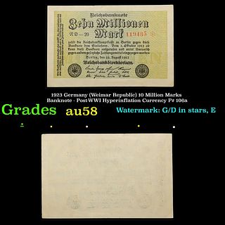 1923 Germany (Weimar) 10 Million Marks Hyperinflation Note P# 106a, Watermark G/D in Stars Grades vf+