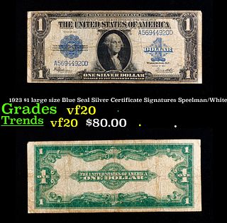 1923 $1 large size Blue Seal Silver Certificate Grades vf, very fine Signatures Speelman/White
