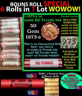 THIS AUCTION ONLY! BU Shotgun Lincoln 1c roll, 1973-s 50 pcs Plus FIVE bonus random date BU roll! Bank Wrapper 50c