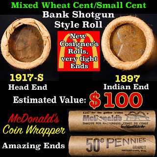 Small Cent Mixed Roll Orig Brandt McDonalds Wrapper, 1917-s Lincoln Wheat end, 1897 Indian other end, 50c
