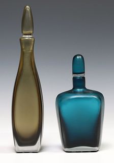 (2) ITALIAN PAOLO VENINI MURANO 'INCISE' ART GLASS BOTTLE DECANTERS