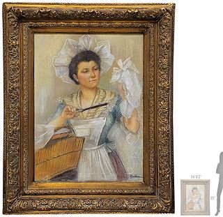 Large Late 19th C. Hostel On Canvas Of A Victorian Sewing Woman Cutting Fabric Painting, Signed