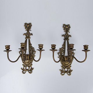 Pair of French Louis XV Style Bronze Three-Armed Sconces