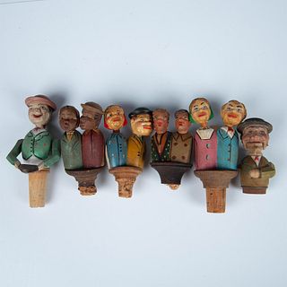 6pc Vintage Carved Wooden Figural Bottle Toppers