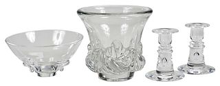 Four Steuben and Daum Clear Glass Table Objects