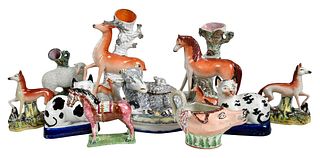 Nine Staffordshire Animal Figures and One Delft