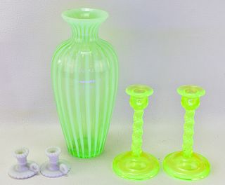 VASELINE GLASS VASE, CANDLESTICKS & MORE