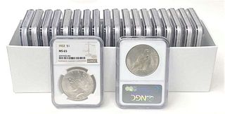 Box (20-coins) Common Date Peace Silver Dollars NGC MS65 