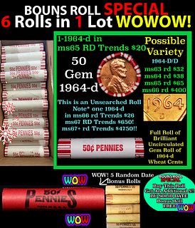 THIS AUCTION ONLY! BU Shotgun Lincoln 1c roll, 1964-d 50 pcs Plus FIVE bonus random date BU roll! Bank Wrapper 50c