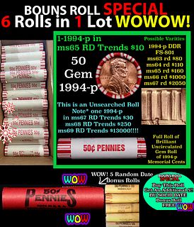 THIS AUCTION ONLY! BU Shotgun Lincoln 1c roll, 1994-p 50 pcs Plus FIVE bonus random date BU roll! Bank Wrapper 50c