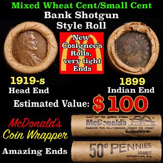 Small Cent Mixed Roll Orig Brandt McDonalds Wrapper, 1919-s Lincoln Wheat end, 1899 Indian other end, 50c