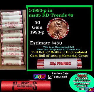 THIS AUCTION ONLY! BU Shotgun Lincoln 1c roll, 1993-p 50 pcs Plus one bonus random date BU roll! Bank Wrapper 50c
