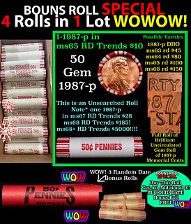 THIS AUCTION ONLY! BU Shotgun Lincoln 1c roll, 1987-p 50 pcs Plus THREE bonus random date BU roll! Bank Wrapper 50c