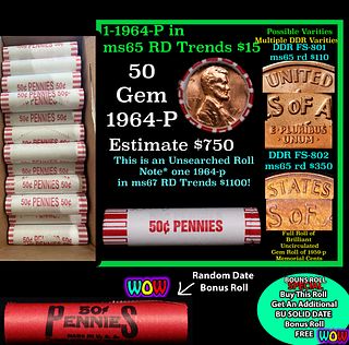 THIS AUCTION ONLY! BU Shotgun Lincoln 1c roll, 1964-p 50 pcs Plus one bonus random date BU roll! Bank Wrapper 50c