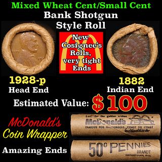 Small Cent Mixed Roll Orig Brandt McDonalds Wrapper, 1928-p Lincoln Wheat end, 1882 Indian other end, 50c