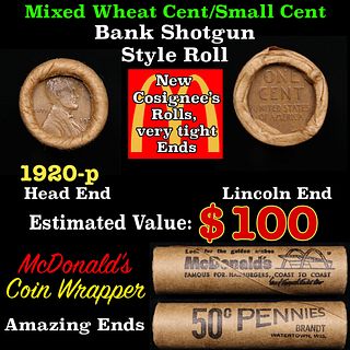 Small Cent Mixed Roll Orig Brandt McDonalds Wrapper, 1920-p Lincoln Wheat end, Indian other end, 50c
