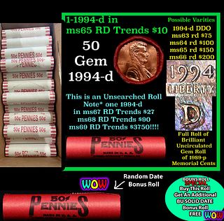 THIS AUCTION ONLY! BU Shotgun Lincoln 1c roll, 1994-d 50 pcs Plus one bonus random date BU roll! Bank Wrapper 50c