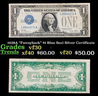 1928A "Funnyback" $1 Blue Seal Silver Certificate Grades vf++
