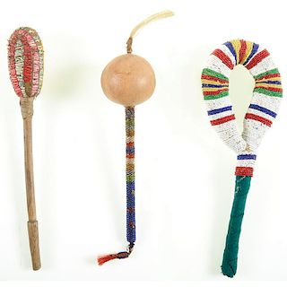 Northern Plains Quilled Drum Beater, Beaded Rattle and Gourd Rattle, From a Minnesota Collector