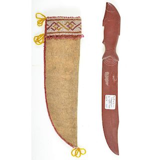 Anishinaabe Fish Handle Catlinite Knife AND Loom-Beaded Knife Sheath
