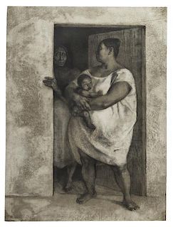 Francisco Zuniga, (Mexican, 1912-1998), Mujeres con nino en la puerta, 1977