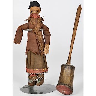 Iroquois Cornhusk Doll and Horn Rattle