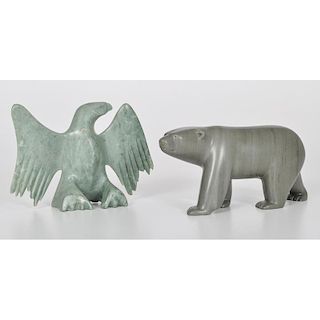 Eagle Soapstone Sculpture by Sam Kavik (Inuit, b. 1963) and Bear Soapstone Sculpture by Isaaci Petaulassie (Inuit, b. 1973)