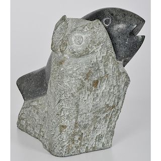 Inuit Soapstone Carving of a Fish and Owl, Exhibited at the Booth Western Art Museum, Cartersville, Georgia