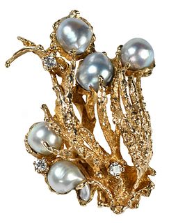 14kt. Baroque Grey Pearls and Diamond Brooch