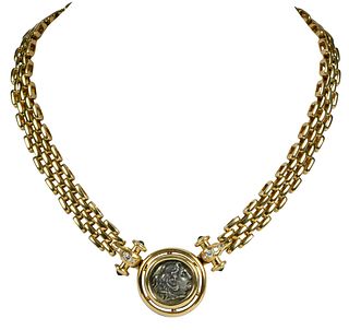 18kt. Diamond Necklace with Roman Style Medal 