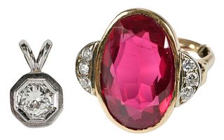 Diamond Solitaire Pendant and Ruby, Diamond Ring