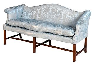 Chippendale Mahogany Blue Damask Upholstered Camelback Sofa
